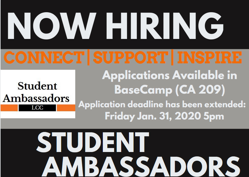 Now hiring Student Ambassadors for Spring. Applications Available in Basecamp (CA 209). Application deadline December 11th, 2019